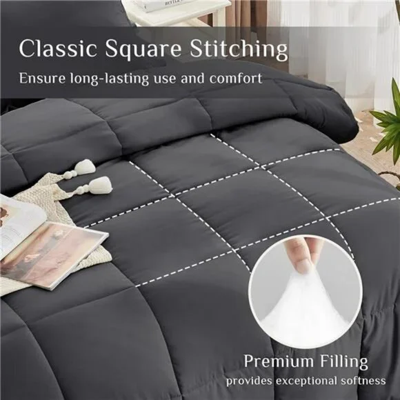Queen Comforter Set 7 Piece Bed in a Bag Soft Down Alternative Dark Grey